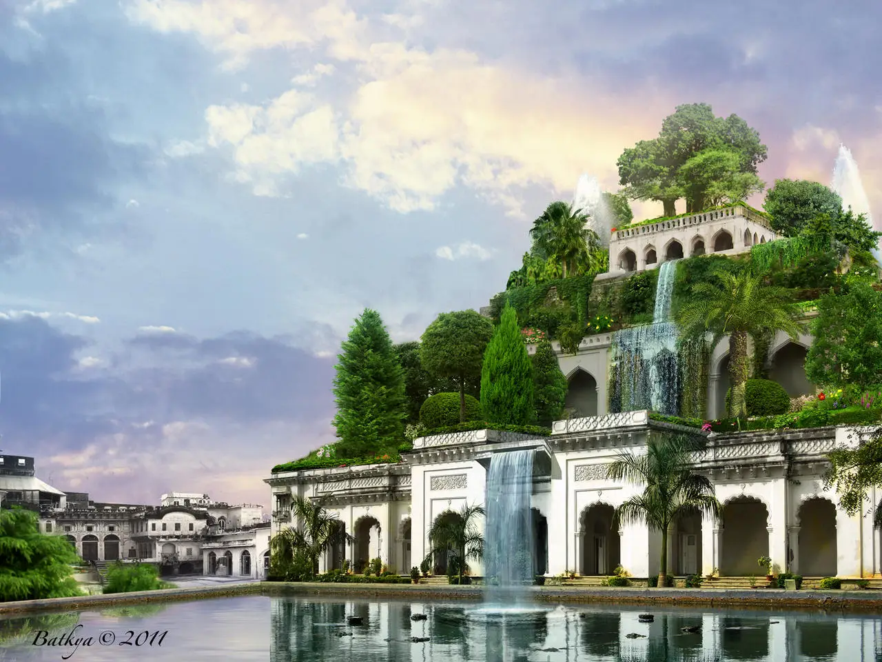 alt="Illustration of an ancient hydroponic garden with cascading waterfalls and lush greenery, similar to the Hanging Gardens of Babylon, an early example in the history of hydroponics".